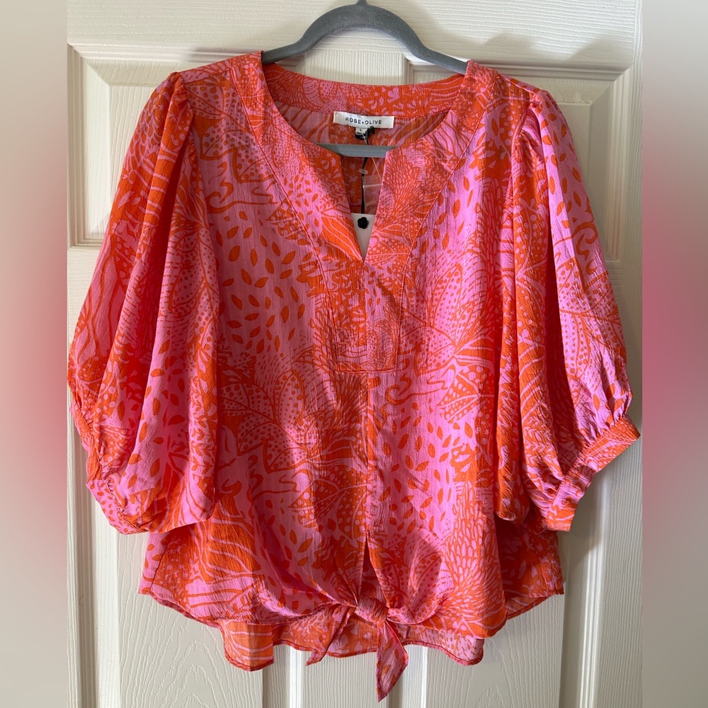 Rose & Olive Pink and Orange Printed Tie-Front Blouse